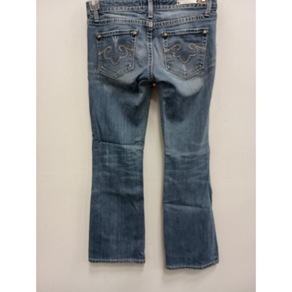 VTG Y2K Rerock For Express Bootcut Jeans Womens Sz 4 Short Blue Denim Distressed - Picture 8 of 12